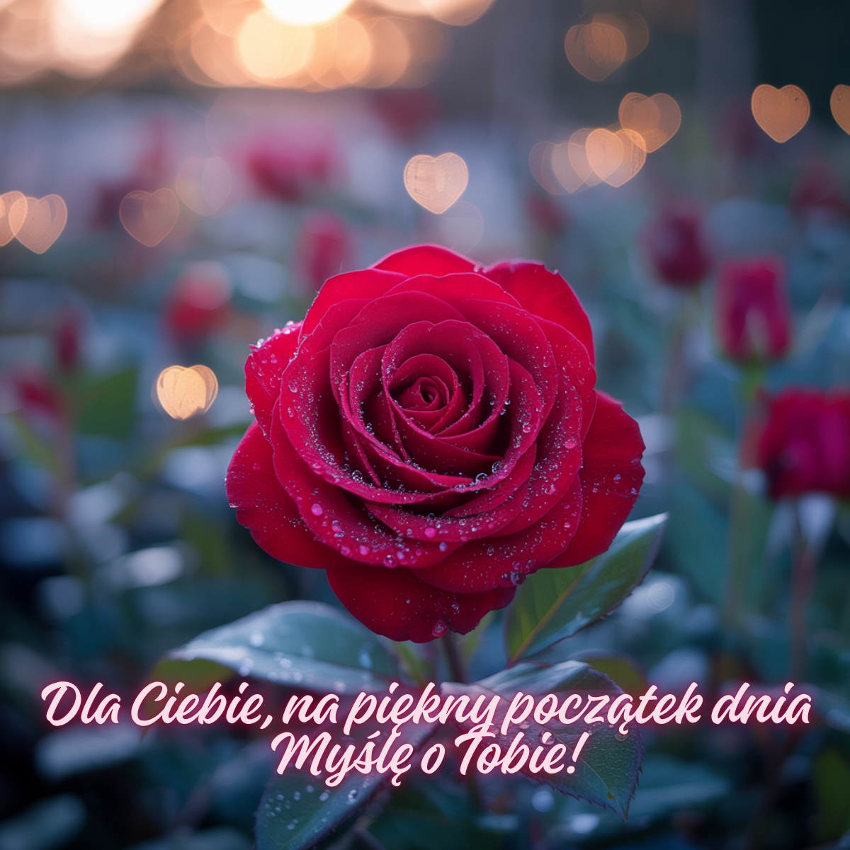Czerwona róża z kroplami rosy w blasku porannego światła i serduszkowym bokehem w tle. Na obrazku tekst: Dla Ciebie, na piękny początek dnia. Myślę o Tobie! 