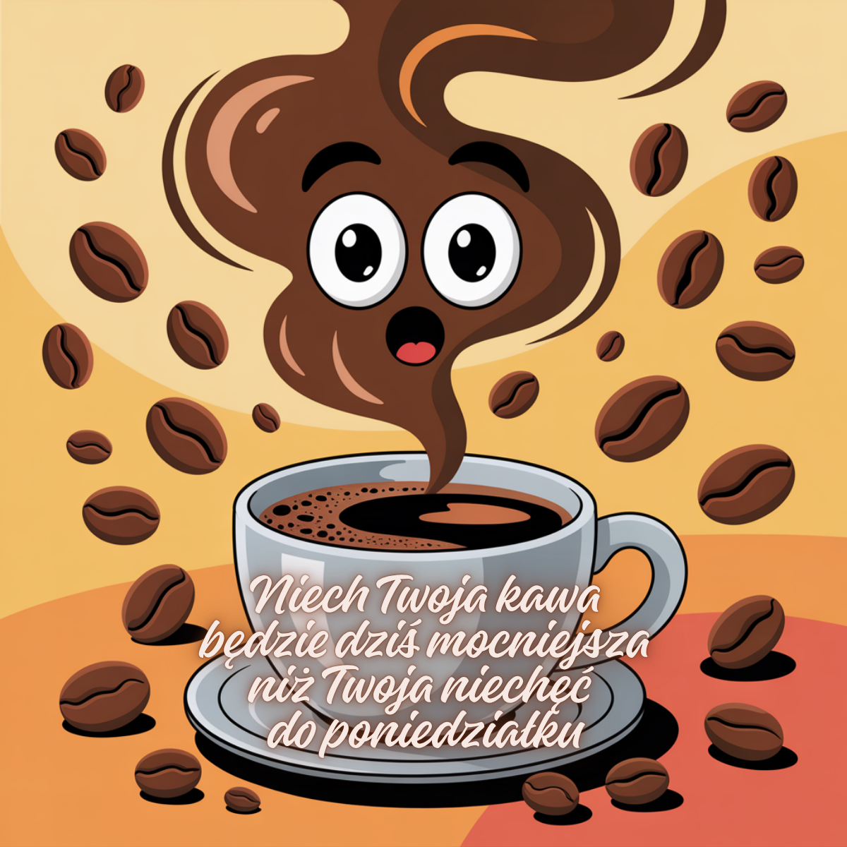 Filiżanka kawy z radosną buźką, wokół unoszą się ziarenka kawy na żółtym tle. Tekst: Niech Twoja kawa będzie dziś mocniejsza niż Twoja niechęć do poniedziałku.
