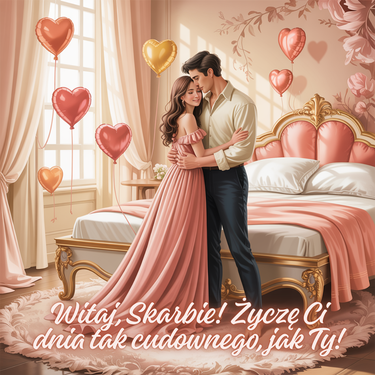Zakochana para obejmuje się w jasnej sypialni ozdobionej balonami w kształcie serc. Tekst na grafice: Witaj, Skarbie! Życzę Ci dnia tak cudownego, jak Ty!