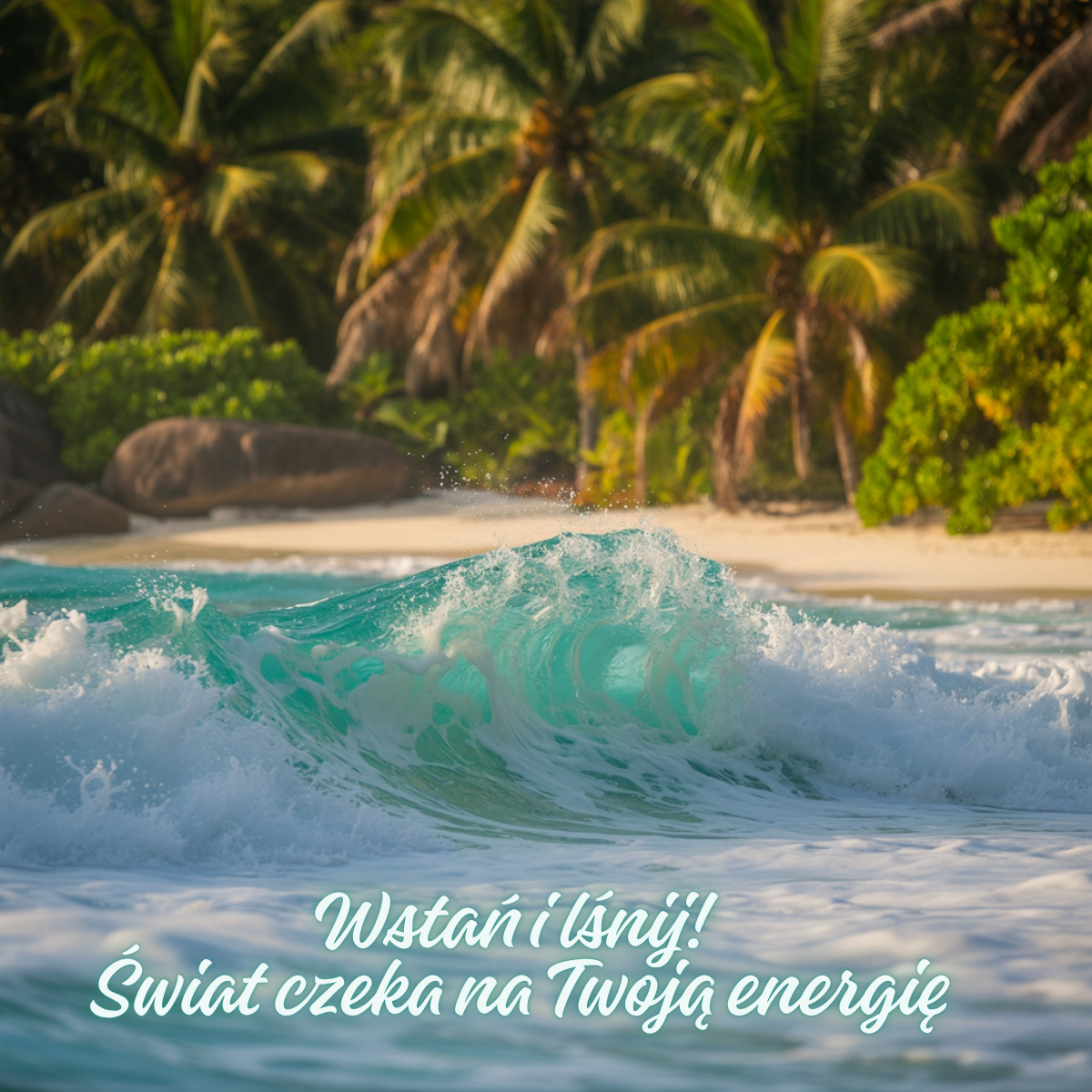 Turkusowa fala na tle palm, tekst ‘Wstań i lśnij! Świat czeka na Twoją energię’