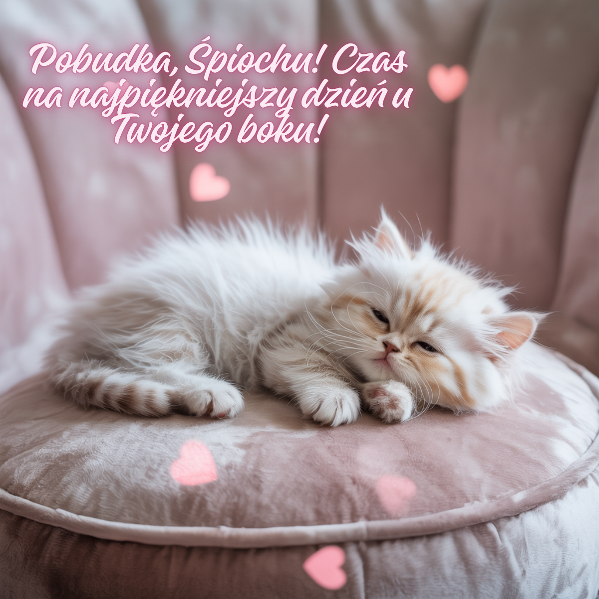 Puszysty biały kotek śpi na różowej poduszce, wokół unoszą się pastelowe serduszka. Napis: Pobudka, Śpiochu! Czas na najpiękniejszy dzień u Twojego boku! 