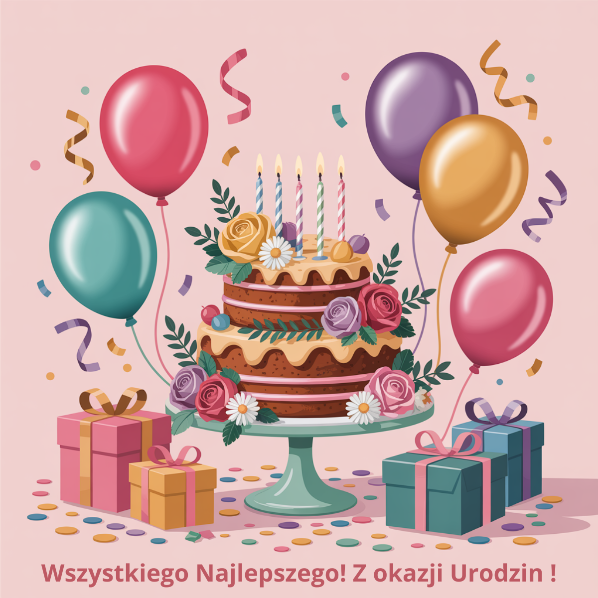 Tort urodzinowy z balonami, prezentami i napisem: Wszystkiego najlepszego z okazji urodzin – klasyczne krótkie życzenia urodzinowe