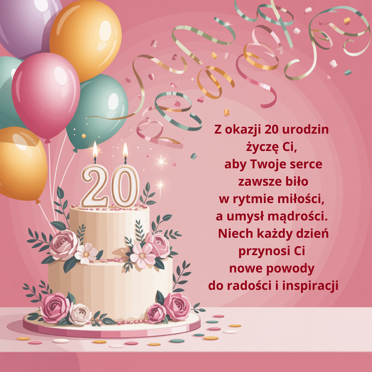 Radosna grafika na 20. urodziny w różowej kolorystyce. Życzenia koncentrują się na sercu bijącym w rytmie miłości i umyśle pełnym mądrości, inspirując młodą osobę do szukania radości w każdym dniu.