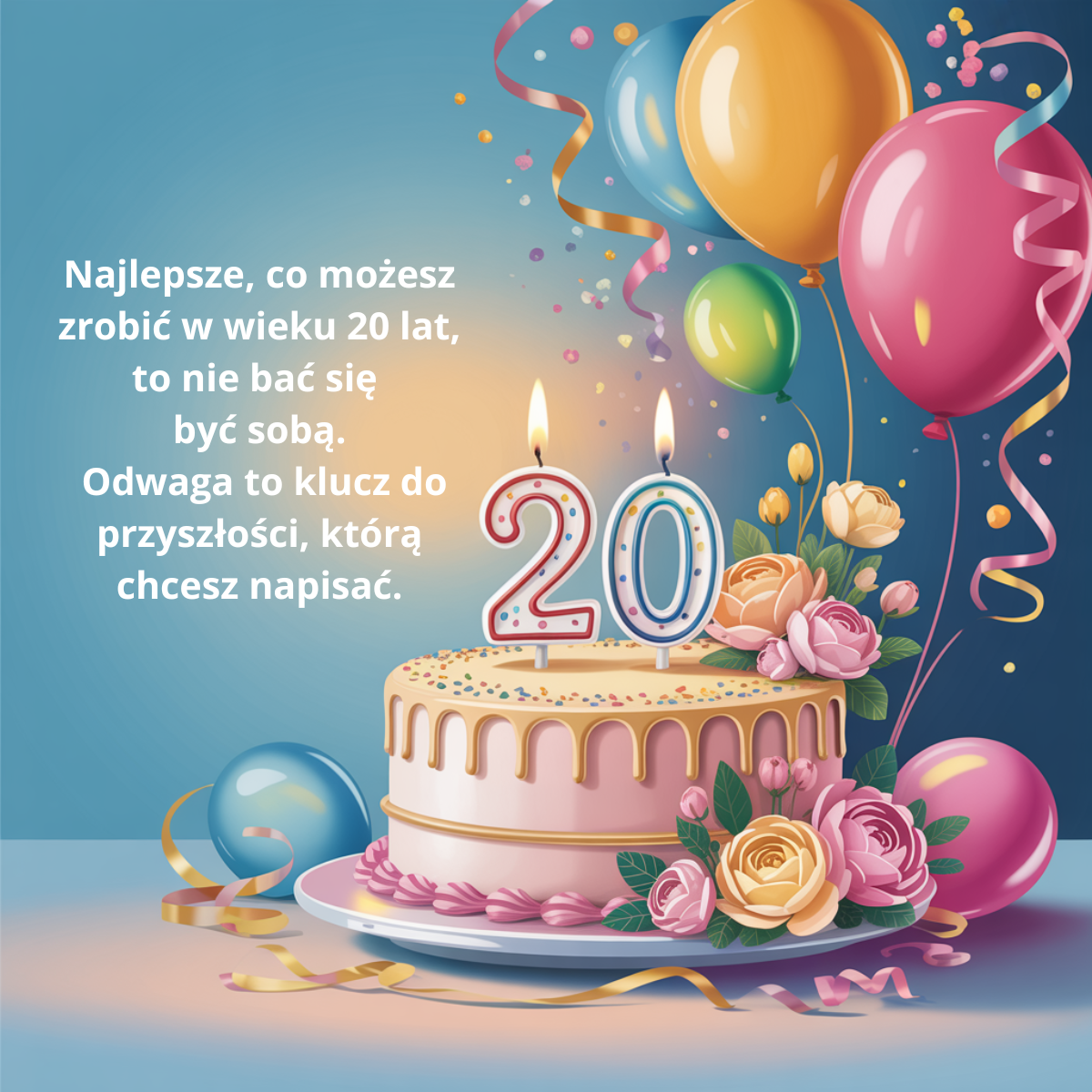 Motywacyjna kartka na 20. urodziny na niebieskim tle. Sentencja podkreśla potencjał młodej osoby, wskazując, że odwaga do bycia sobą jest kluczem do napisania własnej, wymarzonej przyszłości.