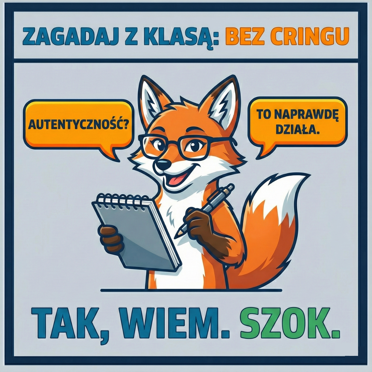 Ilustracja mądrego lisa w okularach, promująca zagadywanie z klasą. Grafika podkreśla, że autentyczność i naturalność to skuteczna alternatywa dla żenujących tekstów na podryw.
